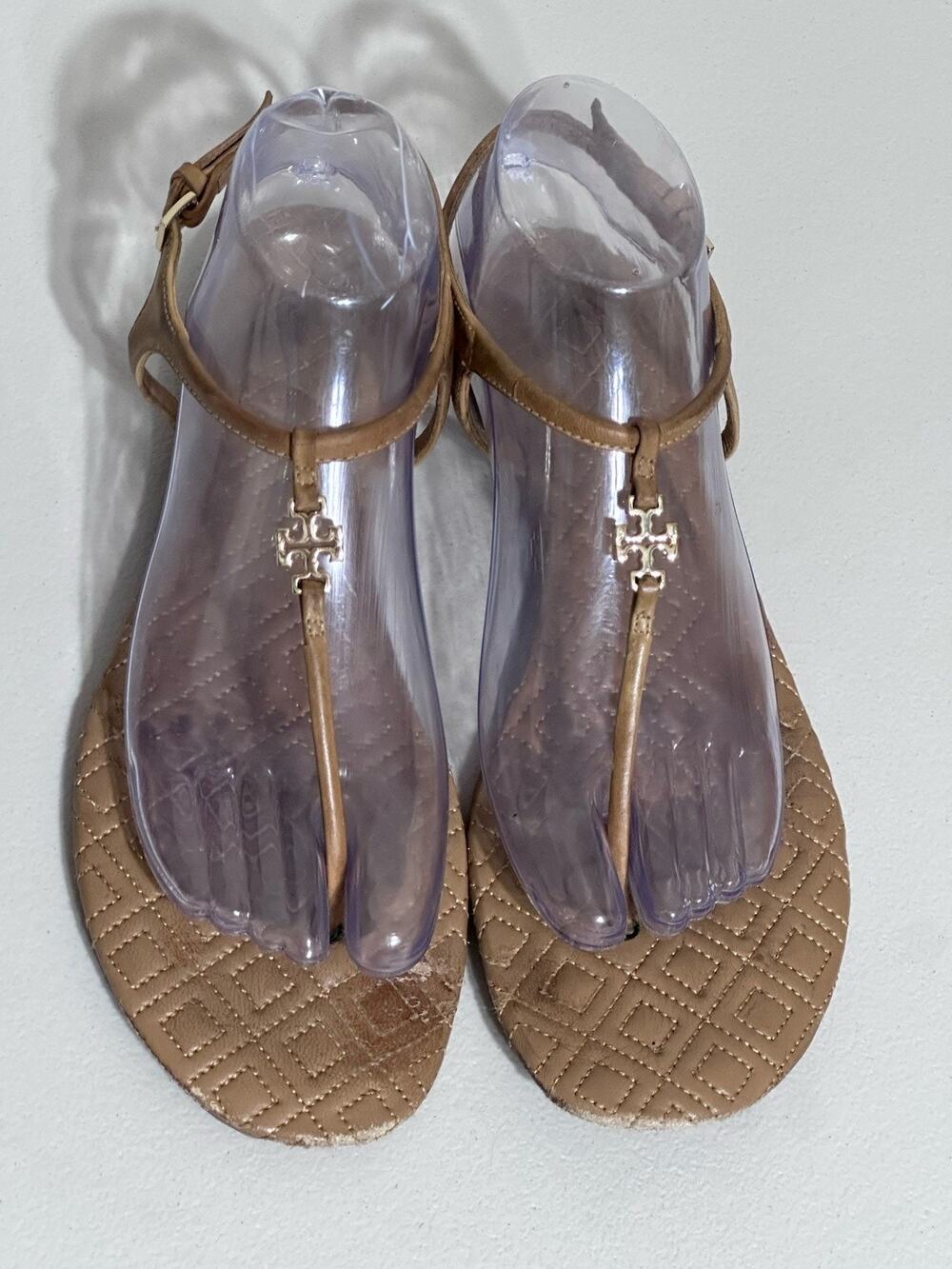 Tory Burch Marion Quilted Sandals Tan Size 9 Thong Slingback Buckle Logo